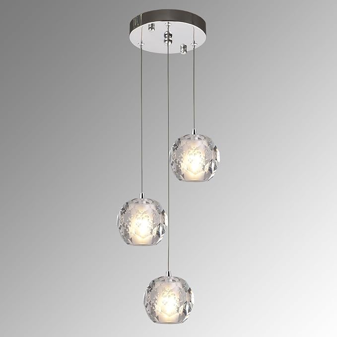 3 Lights Pendant Lighting, Kitchen Chrome Pendant Lights, Bubble Crystal Pendant Island Light Fixture, Modern Cluster Pendant Hanging Light for Dining Room
