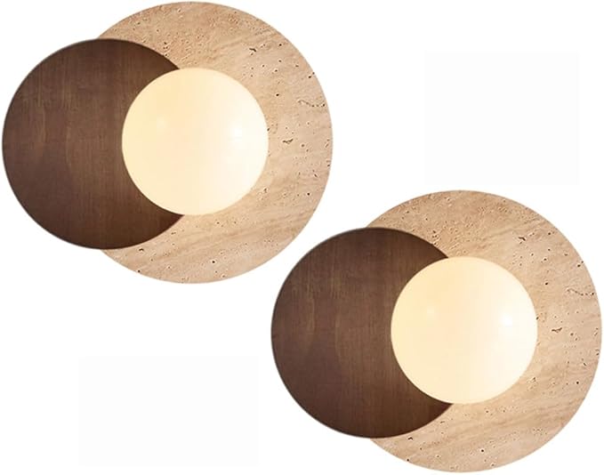 Marble Wall Lamp, Bathroom Vanity Light Fixtures, Wall Mount Lamp, Over Mirror, Wall Sconces Set of 2, Vintage Wall Light with Wood and Stone Shade, for Porch Workshop Kitchen Living Room