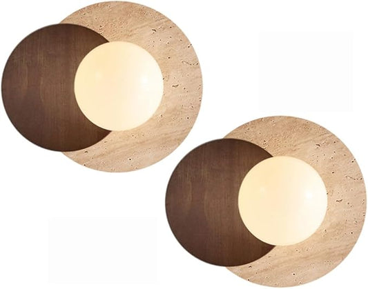 Marble Wall Lamp, Bathroom Vanity Light Fixtures, Wall Mount Lamp, Over Mirror, Wall Sconces Set of 2, Vintage Wall Light with Wood and Stone Shade, for Porch Workshop Kitchen Living Room