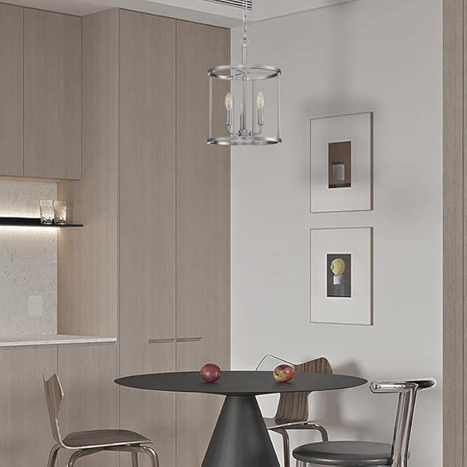 Doraimi Lighting 3-Light Hanging Lantern Pendant Light Fixture Brushed Nickel Finish Geometric Chandelier Adjustable Chain Metal Cage Pendant Lighting for Kitchen Island Dining Room Foyer