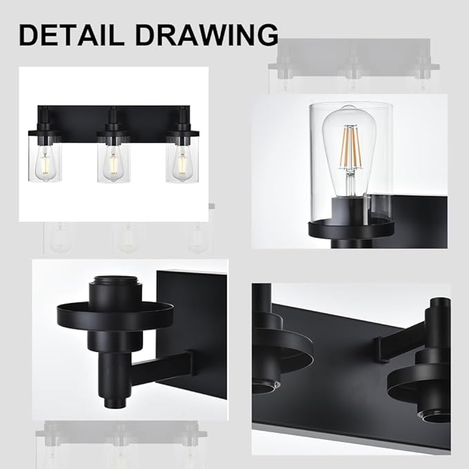 Modern Vanity Lighting,3 Light Matte Black Bathroom Light, Vintage Wall Sconces Lighting with Clear Class Shade Industrial Bath Wall Mounted Lights for Mirror, Living Room, Bedroom Hallway