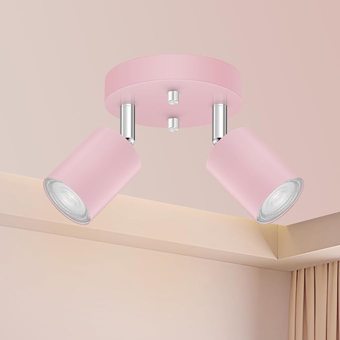 2 Light Track Lighting Fixtures Ceiling, Pink Round Directional Spotlight Fixtures, GU10 Flush Mount Ceiling Fixture, Adjustable Modern LED Track Light for Girl's Room, Bulb Not Included