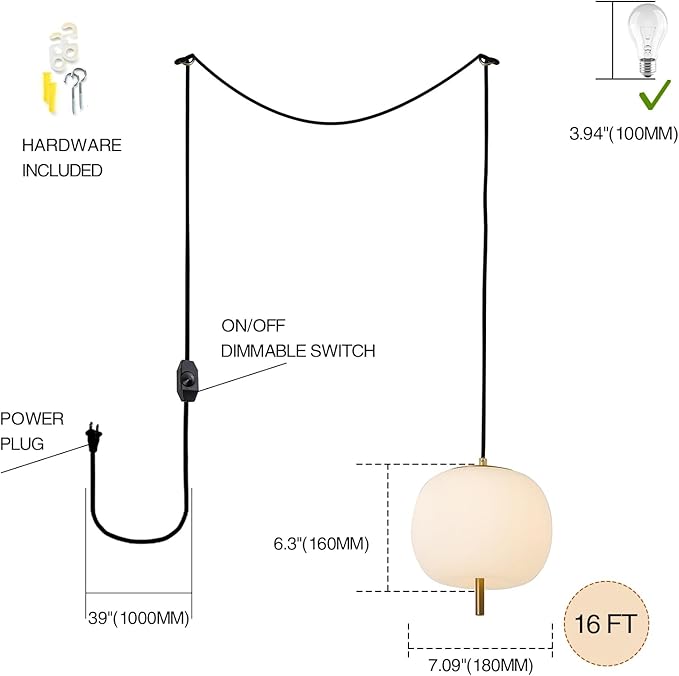 Mid Century Modern Pendant Light Fixture, Milk Glass 7” Globe Hanging Light with Dimmable Switch and Plug in for Kitchen Island Dining Room Bedroom Living Room, 2 Pack, 16ft Bulb Included