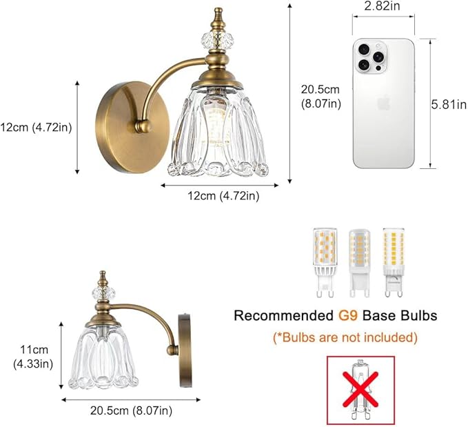 Brushed Antigue Brass Wall Sconces Set of Two, Hardwired Bathroom Vanity Light Fixtures, Vintage Sconces Wall Deco Set of 2, Glass Wall Lights for Bathroom, Bedroom,Hallway (Excludes G9 Bulb)