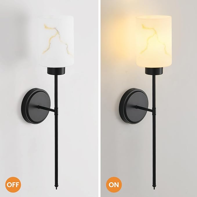Black Wall Sconces Set of 2 with Marble Glass Shade, Modern Bathroom Vanity Light Fixtures for Bedroom, Hallway, Entryway, Living Room