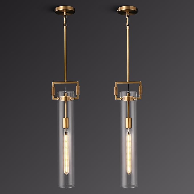 Brass Pendant Light Glass for Kitchen Island Set of 2, Gold Pendant Lights, Adjustable Hanging Chandelier with Glass Shade Modern Pendant Light Fixture for Farmhouse, Dining Room, E26 Bulb Included
