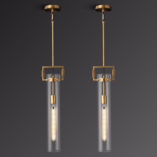 Brass Pendant Light Glass for Kitchen Island Set of 2, Gold Pendant Lights, Adjustable Hanging Chandelier with Glass Shade Modern Pendant Light Fixture for Farmhouse, Dining Room, E26 Bulb Included
