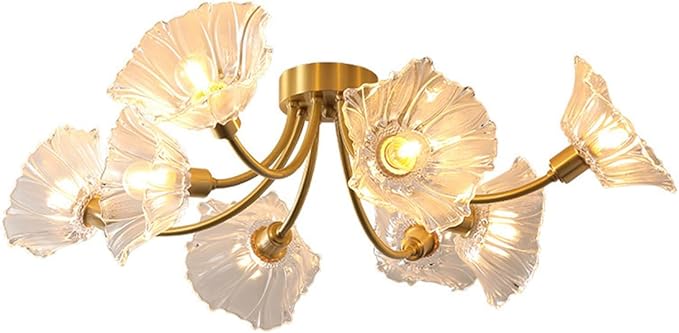 Sputnik Flush Mount Ceiling Light Fixture 8-Lights Brass Close to Ceiling Light with Clear Glass Flower Shape Mid Century Modern Ceiling Lighting Chandelier Bedroom Living Dining Room