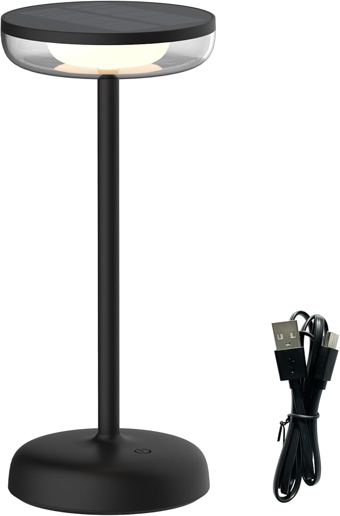 Cocktail Style Solar Table Lamp – Cordless LED Light with USB-C Charging, Dimmable Warm 2700K Glow, Weather Resistant for Indoor/Outdoor Use – Black, 1 Pack