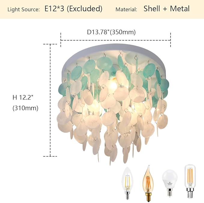 13.8" Capiz Shell Ceiling Light Fixtures 3 Lights Boho Shells Flush Mount Light for Bedroom, Kitchen Island, Bathroom, Entryway, Hallway, White and Blue