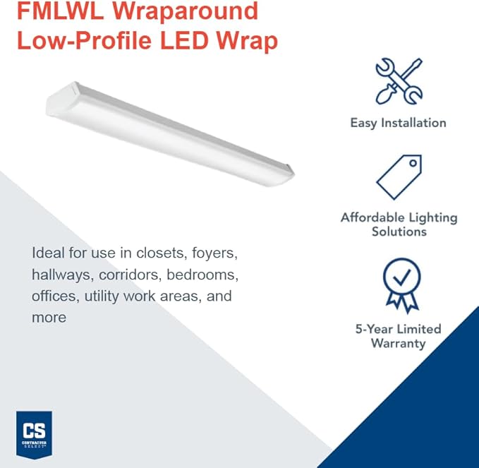 Lithonia Lighting 4 Foot LED Light Fixture, Low-Profile LED Wraparound Flush Mount Ceiling Light, 2700K Soft White, 120V, 48-Inch (FMLWL 48 827)