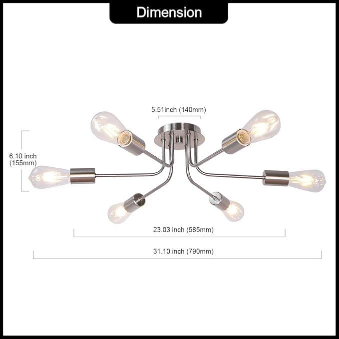 Modern Sputnik Chandelier 6 Light Semi Flush Mount Ceiling Lighting Cotemporary Industrial Brushed Nickel Ceiling Fixture for Bedroom, Hallway, Kitchen, Bar