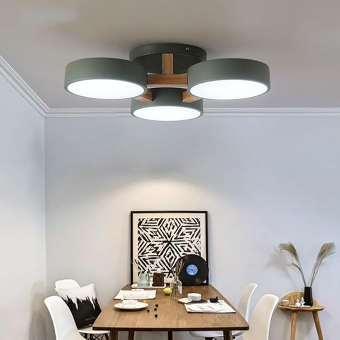LED Ceiling Light Fixture,21 Inch 3-Lights Modern Ceiling Lights Flush Mount Wooden 33W Chandelier for Living Room Bedroom Kitchen,Dimmable 3000K/4000K/6000K Temperatures Selectable, Green