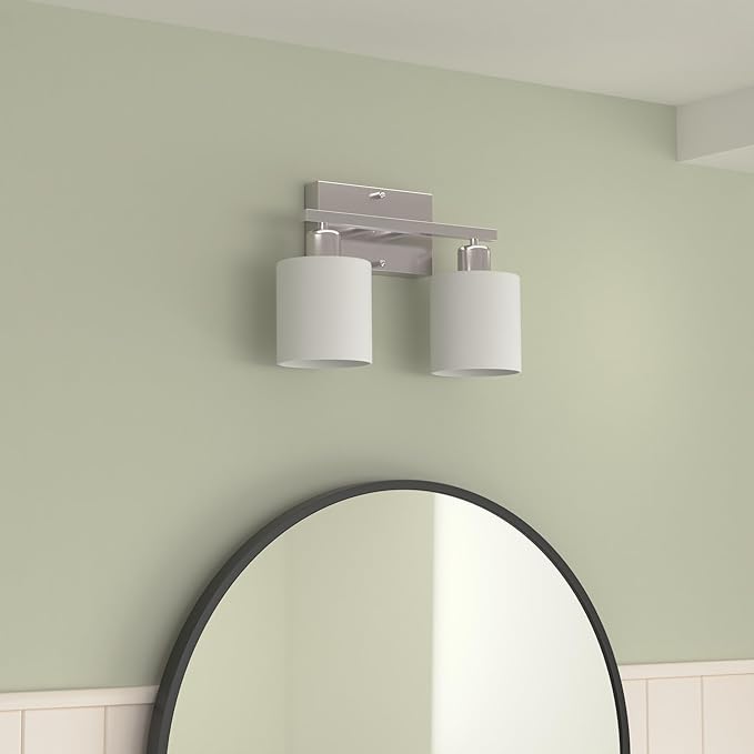 Bathroom Vanity Light Fixture Over Mirror with Brushed Nickel, Modern 2-Light Wall Sconces Lighting for Bedroom,Living Room,Decor White Glass Shades,E26 Standard Base,Bulbs Not Included