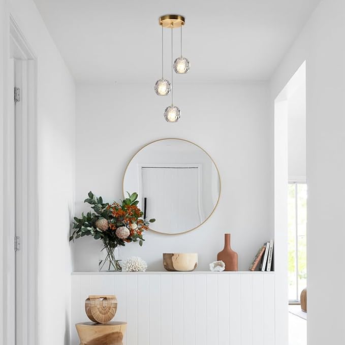 3 Lights Pendant Lighting, Bubble Crystal Pendant Light Fixture Brushed Brass for Dining Room, Modern Cluster Pendant Island Hanging Light for Kitchen