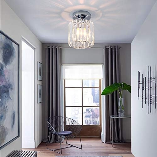 FRIXCHUR Small Chandelier Crystal Ceiling Light Semi Flush Mount Ceiling Lighting Fixture Modern Crystal Ceiling Light for Hallway Kitchen Island Dining Room Bedroom E26 Base Chrome