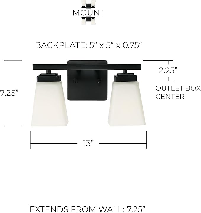 HomePlace Lighting 114421MB-334 Baxley Modern Soft White Glass Bathroom Vanity Wall Light, 2-Light 200 Total Watts, 7" H x 13" W, Matte Black