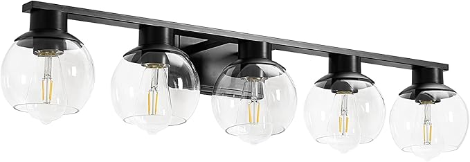 5-Lights Black Bathroom Vanity Lights, Modern Bathroom Lighting Fixtures with Globe Glass Shade, 37in Matte Black Wall lamp for Bath Over Mirror Kitchen Cabinet Bedroom Hallway Living Room Farmhouse