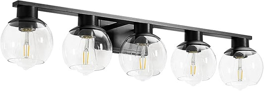5-Lights Black Bathroom Vanity Lights, Modern Bathroom Lighting Fixtures with Globe Glass Shade, 37in Matte Black Wall lamp for Bath Over Mirror Kitchen Cabinet Bedroom Hallway Living Room Farmhouse