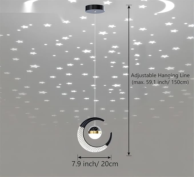 7.9-Inch Moon Shaped Star Bedside Pendant, Acrylic Pendant Light, Modern LED Pendant for Bedroom, Living Room - 2-Piece Set, Black Warm Light