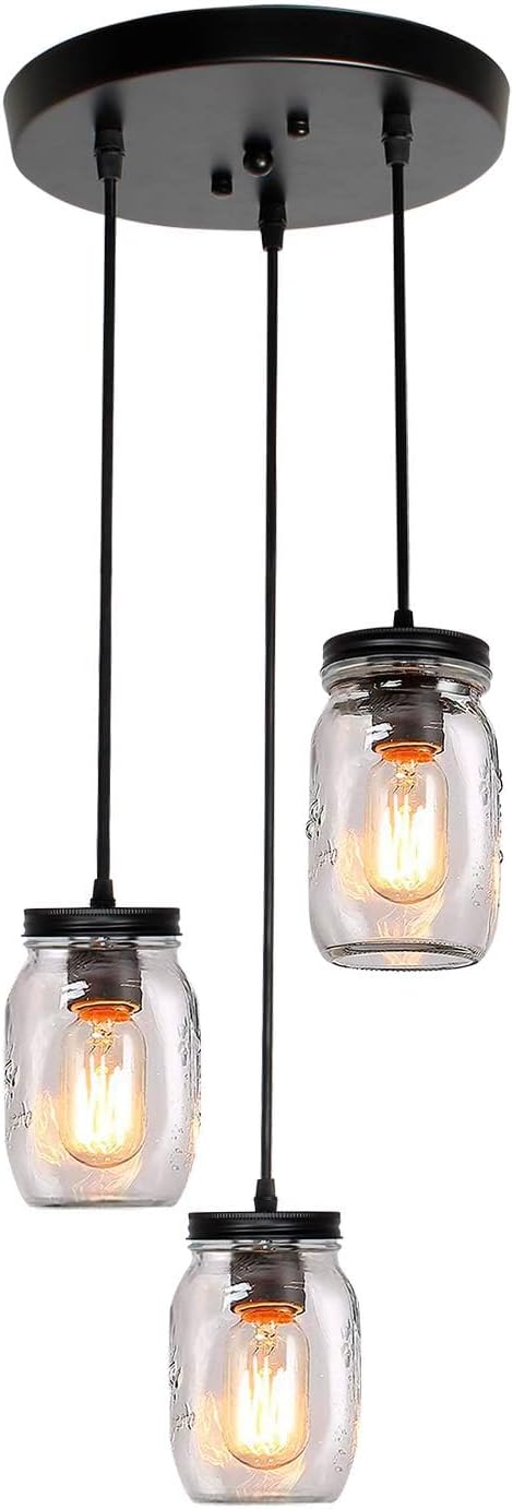Mason Jar Light Fixtures, 3-Light Black Pendant Lights Kitchen Island, Farmhouse Kitchen Pendant Lights, Adjustable Island Pendant Lights for Kitchen Over Sink Dining Room