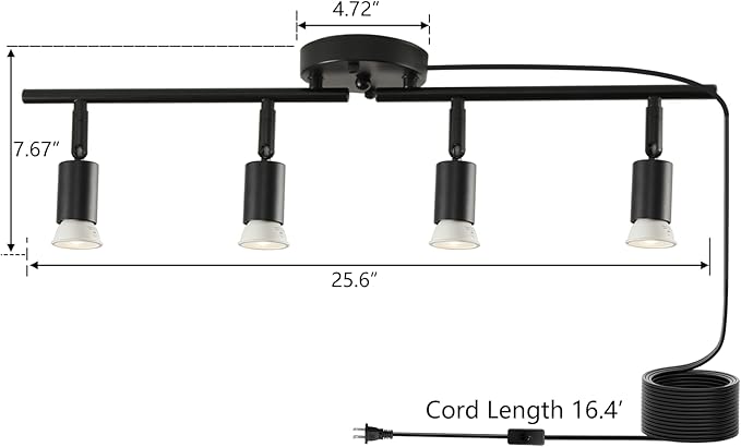 Dimmable 4 Light Black Plug in Track Light White Plug in Ceiling Lighting Fixture with 16.4' Long Cord,4 Way Ceiling Spotlight,Rotatable Wall Mount Light Head,LED dimmable Spot Bulbs Included