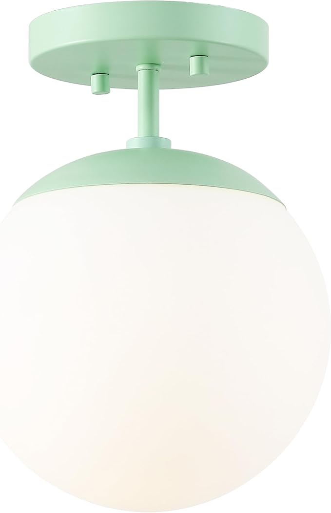 JONATHAN Y 7.75" Mint Green/White Modern Semi Flush Mount Ceiling Light, LED Fixture for Entryway, White Frosted Glass Globe Shade, Mid-Century Farmhouse Lighting for Bedroom Hallway (JYL7499E)