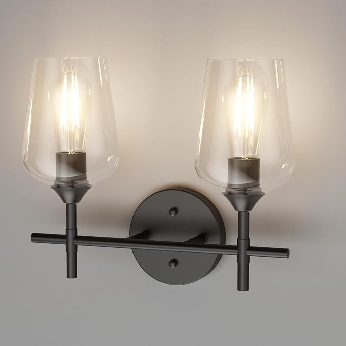 Ralbay Vintage Black Bathroom Light Fixtures 2-Lights Industrial Matte Black Finish with Clear Glass Black Vanity Lights Farmhouse Bathroom Vanity Lights Wall Sconce