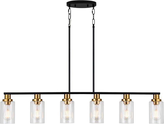 Island Light for Kitchen, 6-Light Farmhouse Dining Room Light Fixture with Clear Glass Shade, 44.3'' Matte Black and Gold Linear Chandelier Pendant Lighting for Dining Table Kitchen Living Room