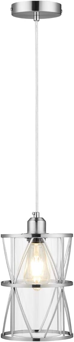 Modern Cylindrical Pendant Light with Clear Glass, Brushed Nickel Hanging Light, Transitional Metal Pendant Lighting Fixture for Kitchen Island Sink Dining Room Bar