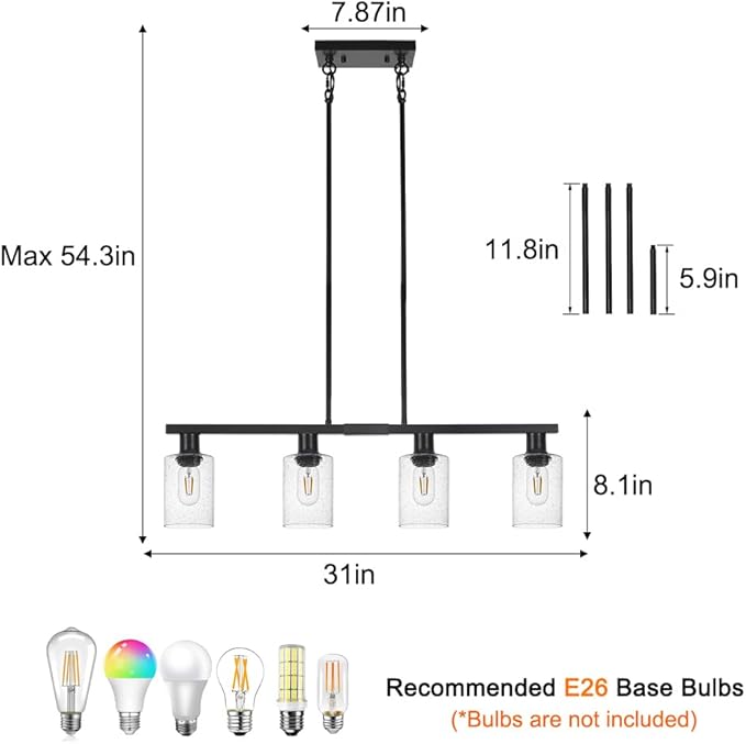 4-Light Kitchen Island Lighting, Black Simplicity Bar Island Lights for Kitchen, Farmhouse Chandelier with Adjustable Height & Seeded Glass Shades, Linear Hanging Dining Room Light Fixture Over Table