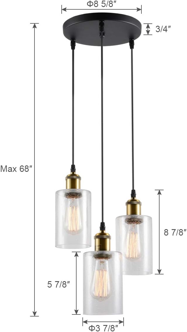 VILUXY 3-Light Black Pendant Light, Modern Farmhouse Seeded Glass Shade Cluster Chandelier Hanging Lamp Fixture for Dining Room Kitchen Island Entryway Black and Gold