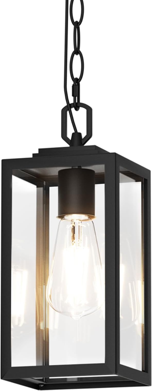 Modern Outdoor Pendant Light, 1-Light Outdoor Hanging Lantern Light, Matte Black Aluminum with Clear Glass, Exterior Pendant Lighting Fixture for Porch, Yard, Gazebo