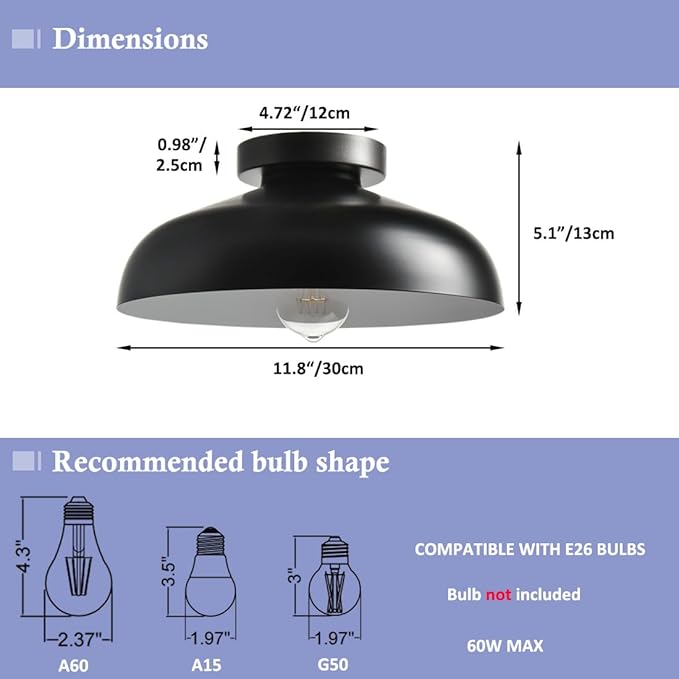 DIRYZON 12-Inch Industrial Ceiling Light Fixture,Black Bedroom Ceiling Light,Metal Ceiling Lighting for Hallway Kitchen