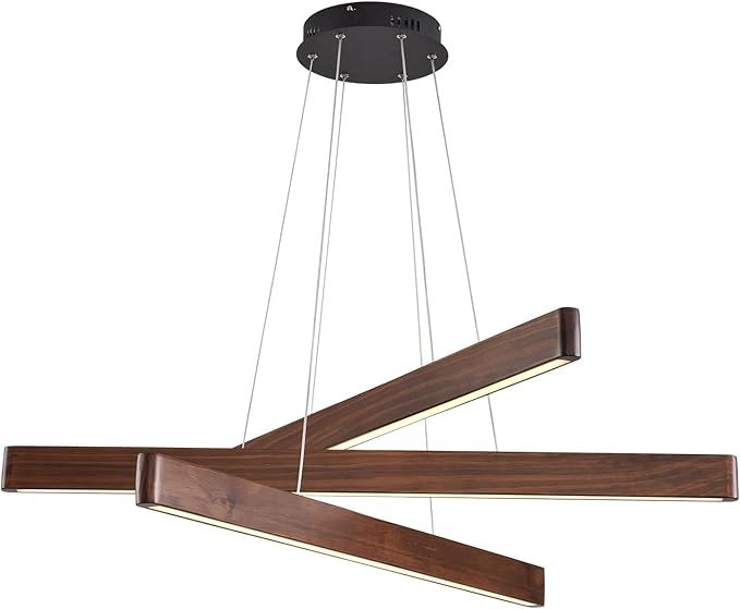 YISDESIGN 3-Light Linear Pendant,Dining Room Light Fixture,Modern Led Chandeliers for Living Room,Dimmable Wood Ceiling Pendant Light,45W for Living Room,Dining Room,Kitchen Island,Walnut Color