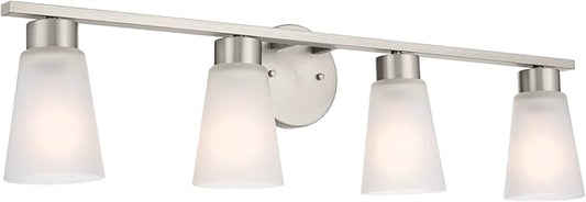Kichler Stamos 4-Light Bathroom Vanity Light Fixture with Satin Etched Glass Shades, 26 in Modern Wall Light in Brushed Nickel for Bathroom Mirror (26 in x 8 in x 5 in), 55122NI