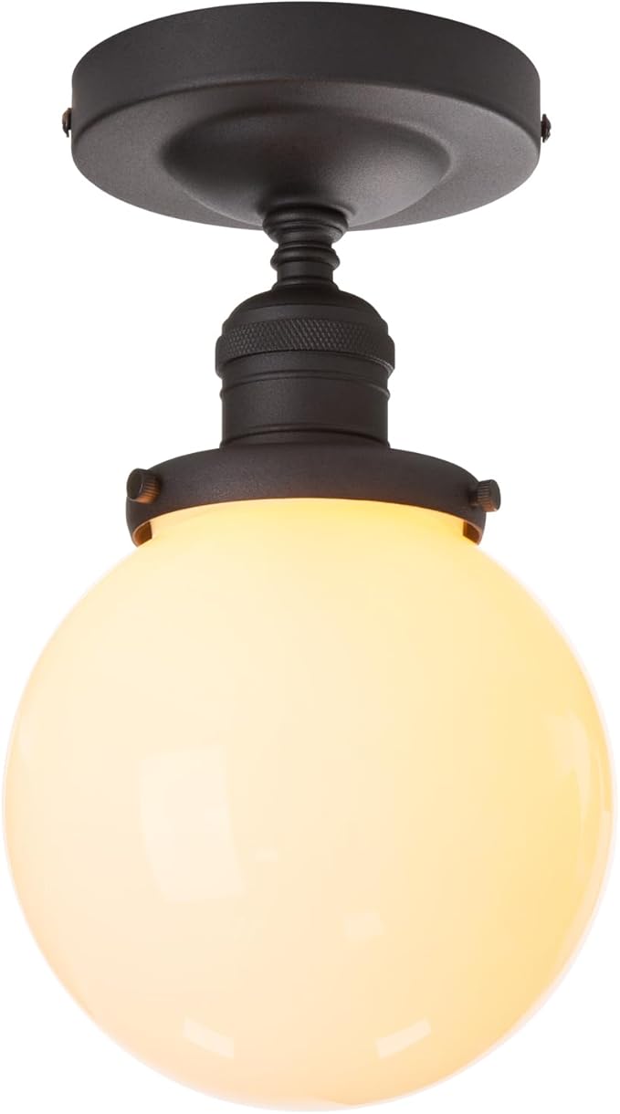 PERMO Modern Semi Flush Mount Ceiling Pendant Light Ceiling Lights with Milk White Globe Glass Lampshade for Bedroom Entryway Corridor (Black)