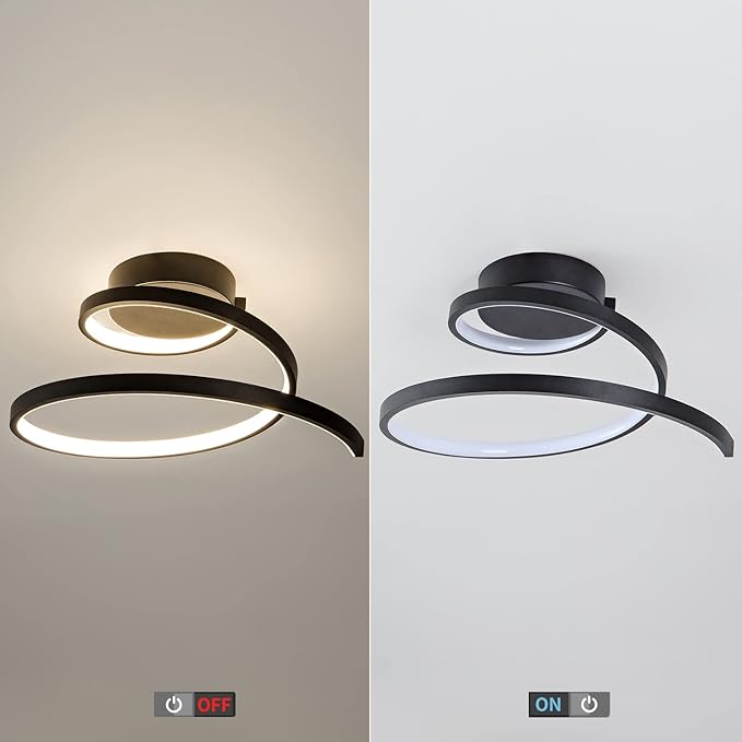 Modern LED Ceiling Light 24W Spiral Design Ceiling Lighting Fixture 18 inch,4000K Warm White Light Fixture for Hallway Aisle Balcony Bedroom Kitchen Office (Black)