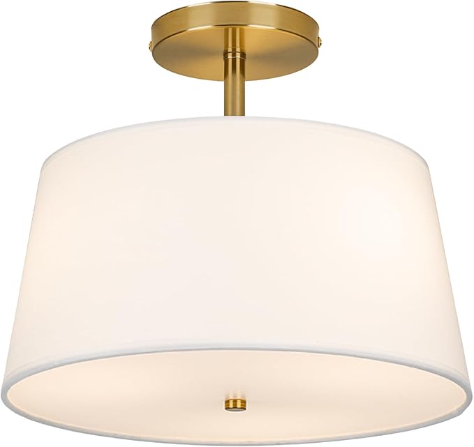 Modern Cone-Shaped Semi Flush Mount Ceiling Light Fixture, 3-Light Drum Lamp with Gold Brass Finish and White Fabric Shade for Bedroom, Kitchen, Dining Room, Hallway, Entryway, and Foyer