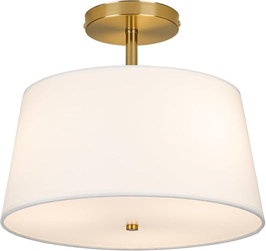 Modern Cone-Shaped Semi Flush Mount Ceiling Light Fixture, 3-Light Drum Lamp with Gold Brass Finish and White Fabric Shade for Bedroom, Kitchen, Dining Room, Hallway, Entryway, and Foyer