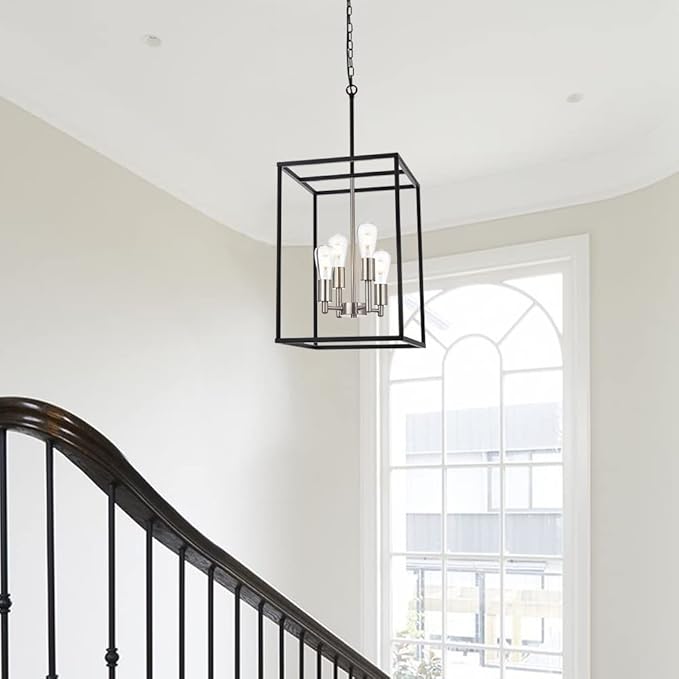 VINLUZ 4-Light Lantern Chandelier Light Fixture Black and Brushed Nickel Finish Industrial Farmhouse Pendant Lighting Square Cage Kitchen Island Hanging Ceiling Light for Dining Room