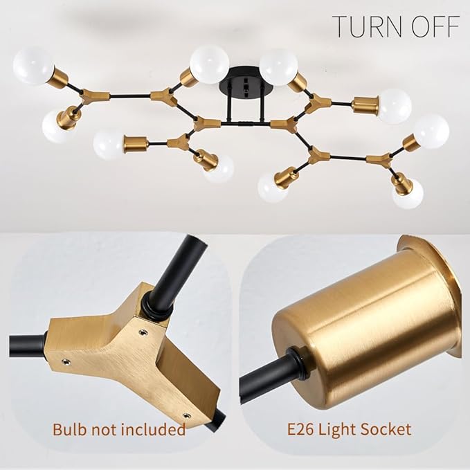 Modern Mid Century Gold and Black Sputnik Semi Flush Mount Ceiling Lighting Fixture for Living Room Dining Room Bedroom Kitchen Island Office, Minimalist Metal 10 Light Chandelier
