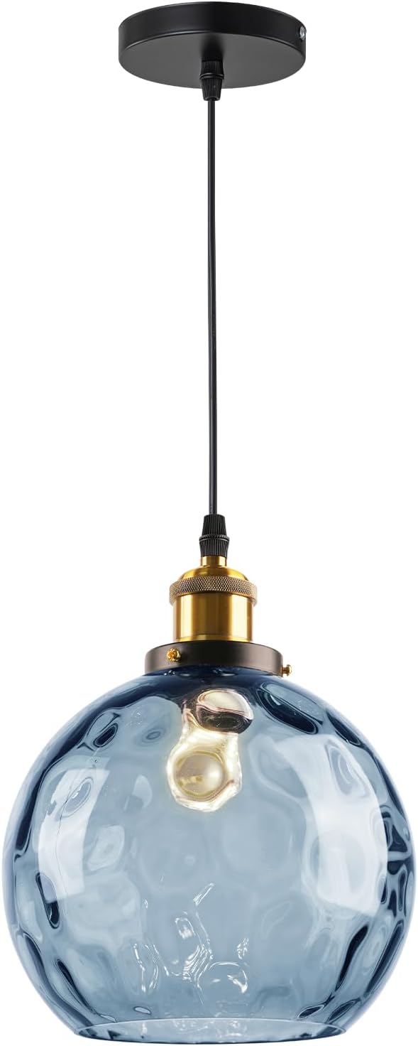 Modern Pendant Lights Kitchen Island, Hand Blown Glass Hanging Kitchen Lights with 7.8" Blue Hammered Globe, 1-Light Island Pendant Lights for Kitchen Dining Room Bathroom Bedroom
