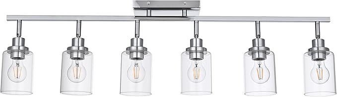 6-Light Track Lighting Kit Ceiling Kitchen Track Lighting Fixtures Chrome Bathroom Vanity Wall Lights with Clear Glass Multi-Directional Rotating Tracking Light Heads Spotlight for Accent Shop