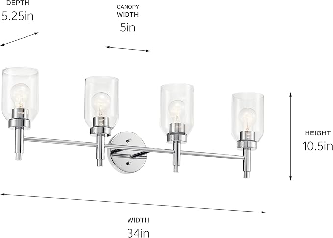Kichler Madden 4-Light Bathroom Vanity Light Fixture with Clear Glass in Chrome, Modern Wall Mount Lighting for Single or Double Vanity Over Mirror (10.5" x 34"), 55186CH
