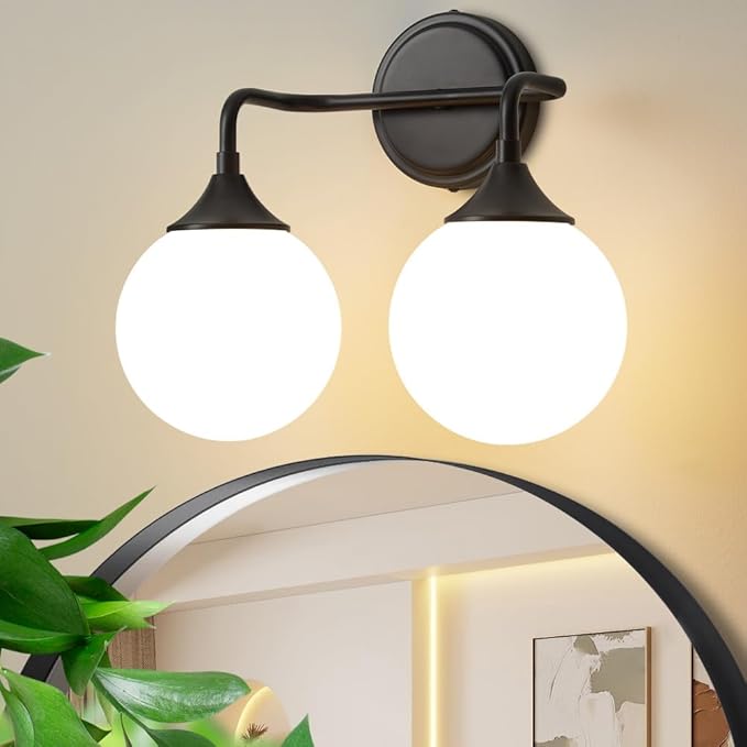 Black Bathroom Light Fixtures, Modern Vanity Lighting Over Mirror, Mid Century Modern Matte Black Wall Sconce 2-Light with Milky White Glass Ball Shades