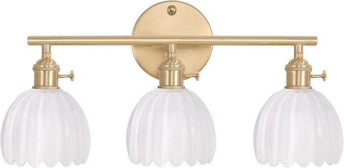 Shenmoyl Bathroom Light Fixtures, 3-Light Brass Vanity wall Light Over Mirror with White Tulip Glass Shade for Bedroom Living Room (Bulb Not Included)