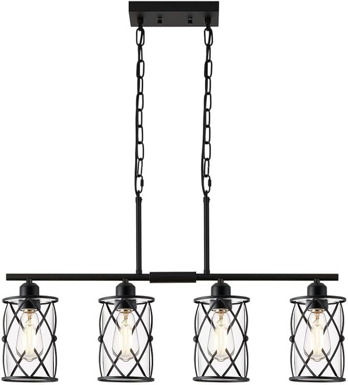 4-Light Kitchen Island Lighting, Modern Black Dining Room Light Fixtures with Clear Glass, Farmhouse Industrial Linear Chandelier Pendant Light with Adjustable Chain, CH9176BK-4IS
