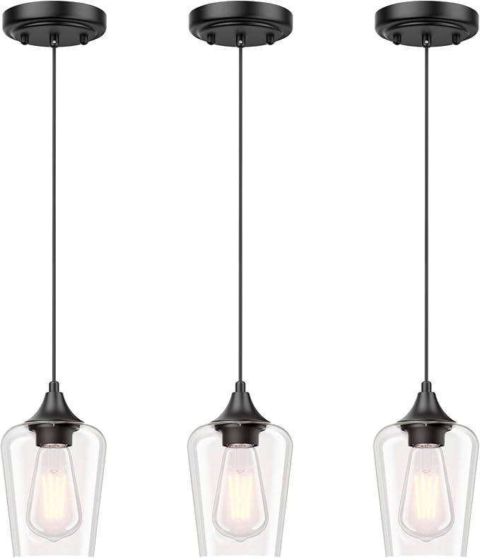 Ralbay Matte Black Industrial Pendant Light 3-Pack, Pendant Light Fixtures with Wine Clear Glass Shade, Adjustable Height for Kitchen Island, Farmhouse Dining Room Hanging Lighting Fixture