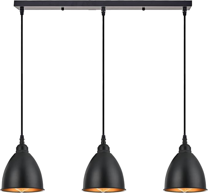 TERLEENART 3-Lights Kitchen Island Pendant Light,Industrial Farmhouse Hanging Chandelier with Matt Black Metal Bell Shade Build-in Golden Color, for Dining Room Table Staircase Hallway